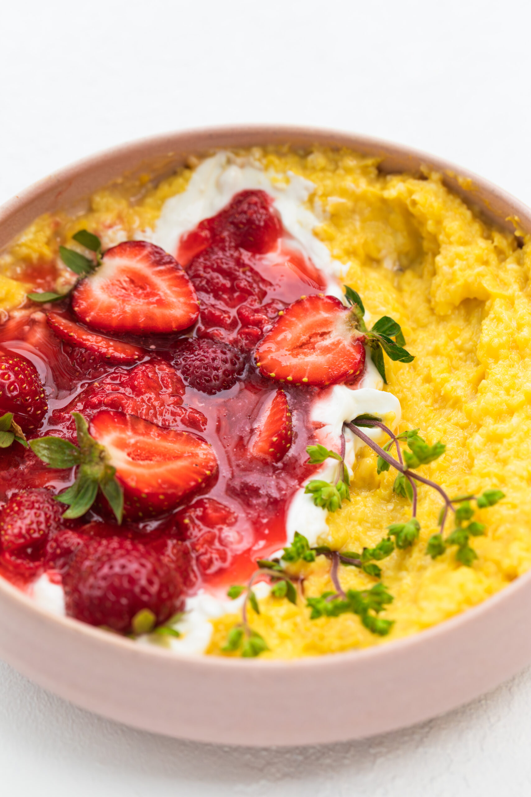 Sweet Corn Polenta with Sour Cream and Crushed Strawberries